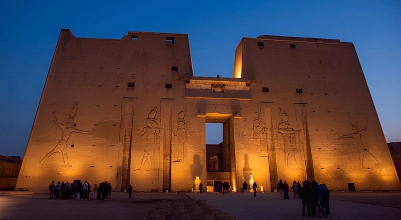 Templo de Edfu iluminado al anochecer