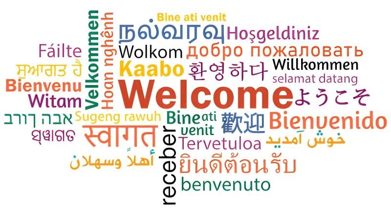Mensaje de bienvenida en muchos idiomas