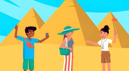 Familia con niños junto a las pirámides, en ilustración